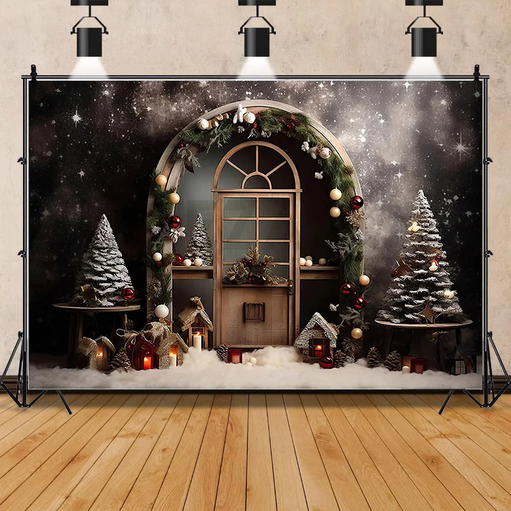 

SHENGYONGBAO Christmas Tree Window Wreath Photography Backdrop Wooden Doors Snowman Cinema Pine New Year Background Prop TNB-03