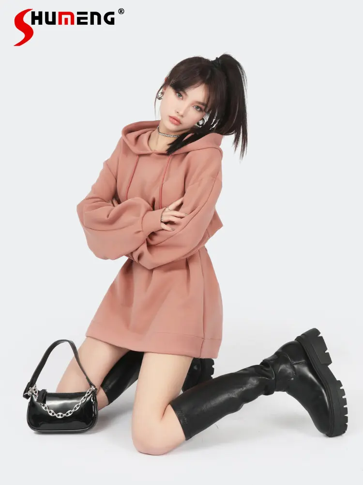 Original Cinched Velvet Padded Thickened Hoodie Simple Woman Long Puff Sleeve A- Line Hooded Slimming Waist Sweatshirt Dresses