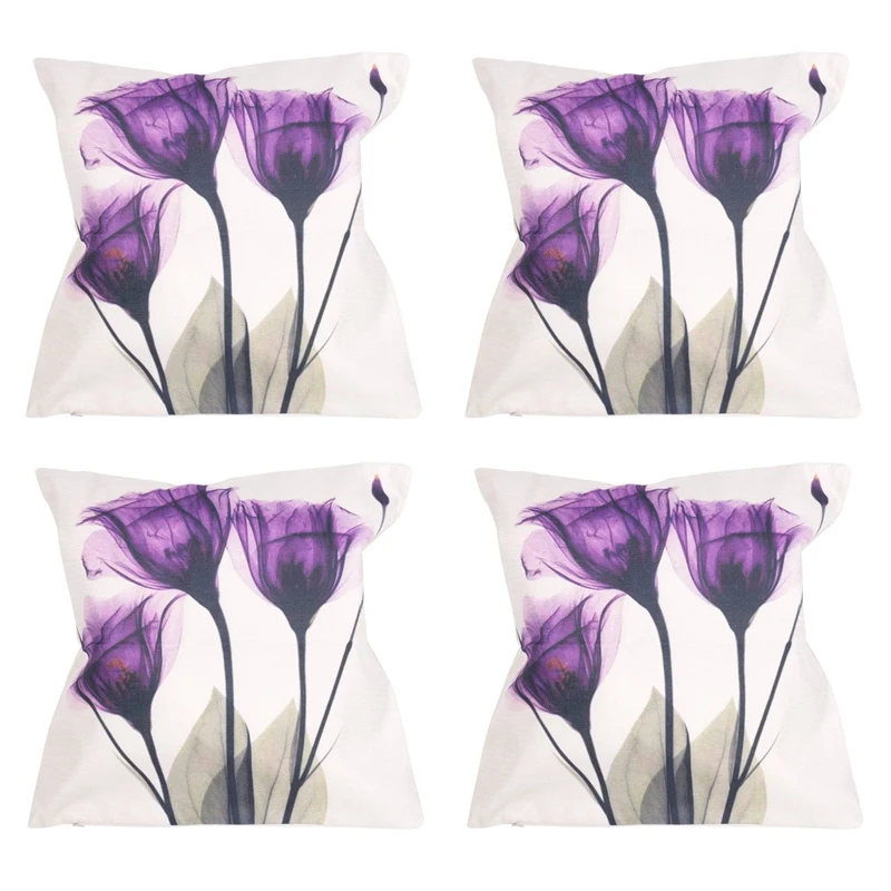 

4X 45X45cm Modern Ink Painting Flower Flax Throw Pillow Case Waist Cushion Cover Purple