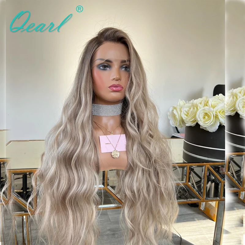 Human Hair Wig Ombre Ash Blonde with Light Grey Highlights Full Lace Wig Glueless Brazilian REmy Hair 13x6 Water WAve 150% Qearl