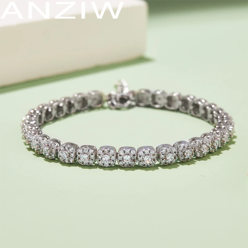 

Anziw Luxury Bracelet 925 Sterling Silver Round Cut 3.5cttw Moissanite Classic Square Tennis Bracelet Engagement Gift for Women