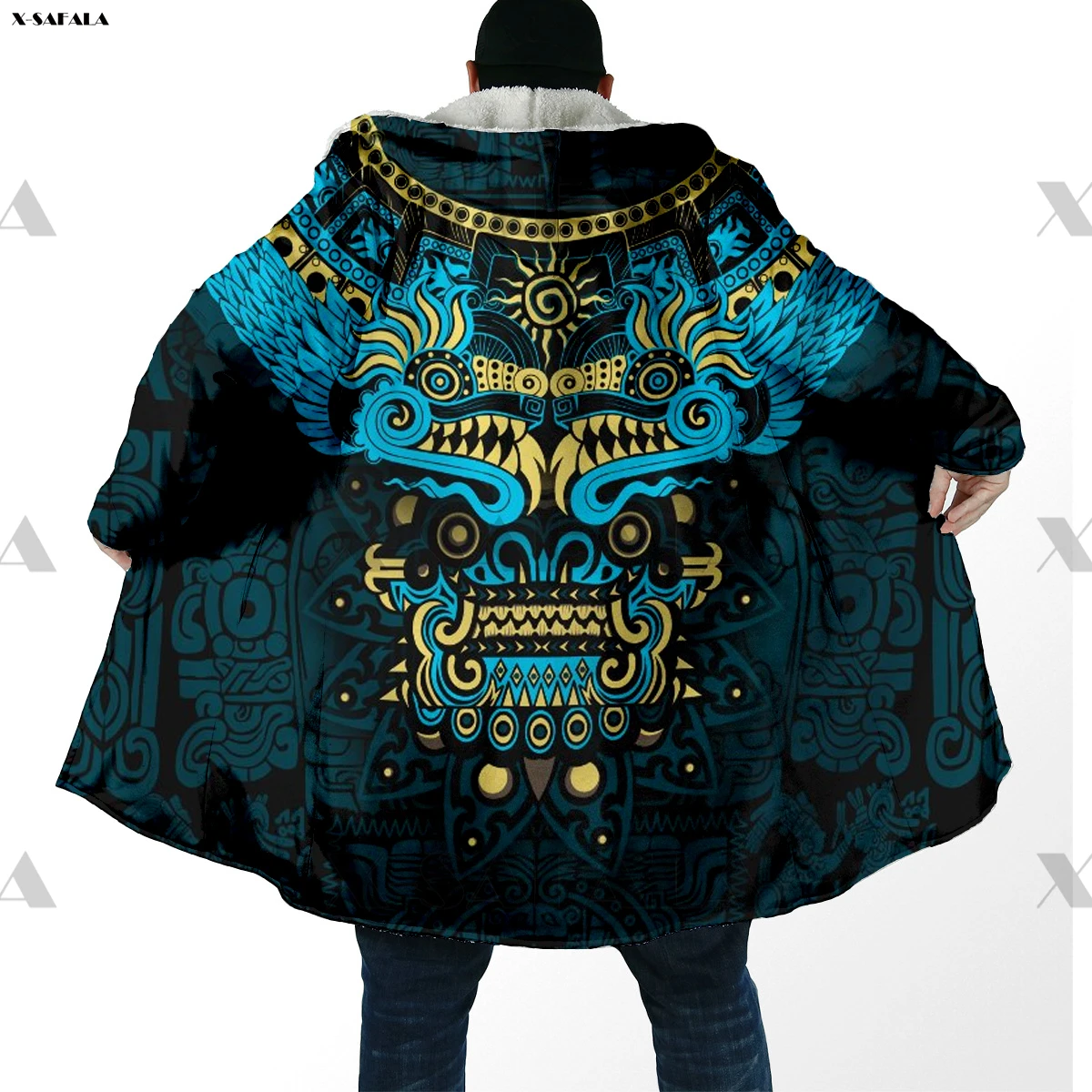 

Mexico Aztec Quetzalcoatl Skull Print Hoodie Long Fur Collar Hooded Blanket Cloak Quilted Winter Warm Cotton Cashmere Fleece