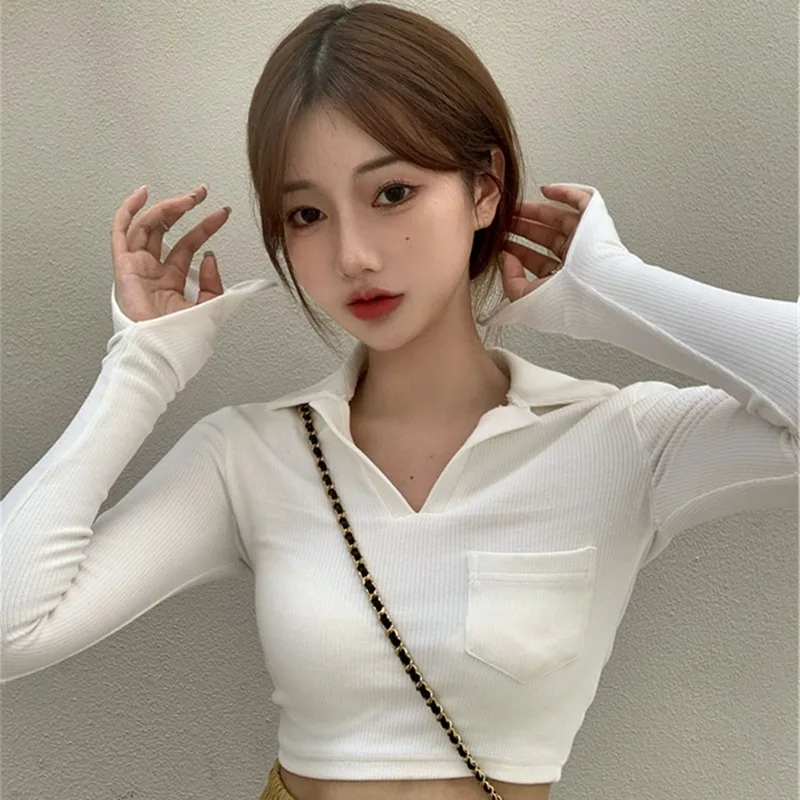 

2021 модная футболка с длинным рукавом, дизайнерская футболка с лацканами, новый облегающий тренд на весну и осень