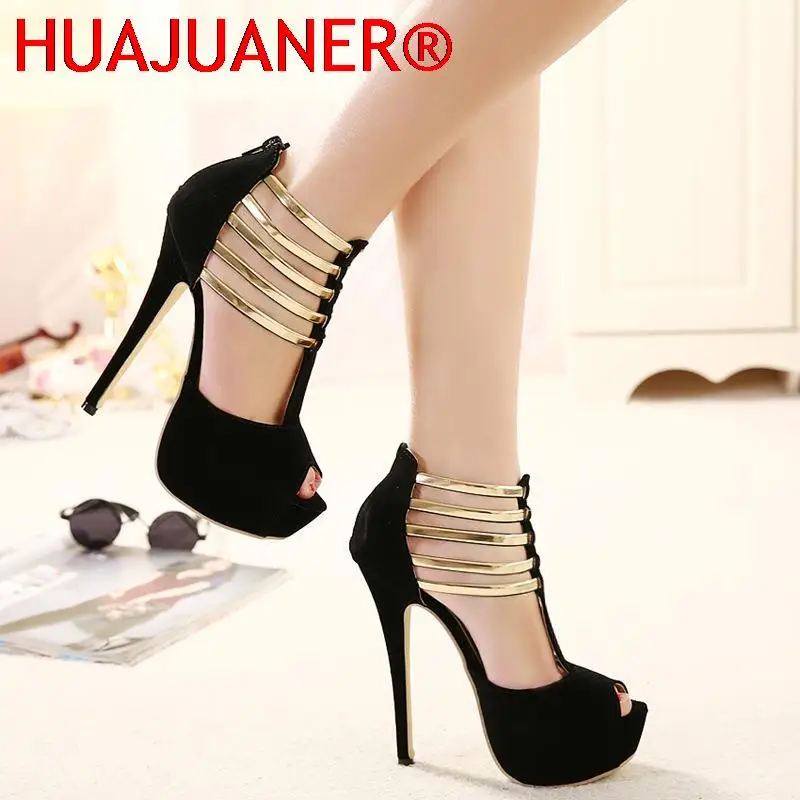 

HUAJUANER Sexy High Heels Women Stilettos Platform Elegant Metal Woman Pumps Black Red Medium Heel Shoes Size 45 Tacones Mujer
