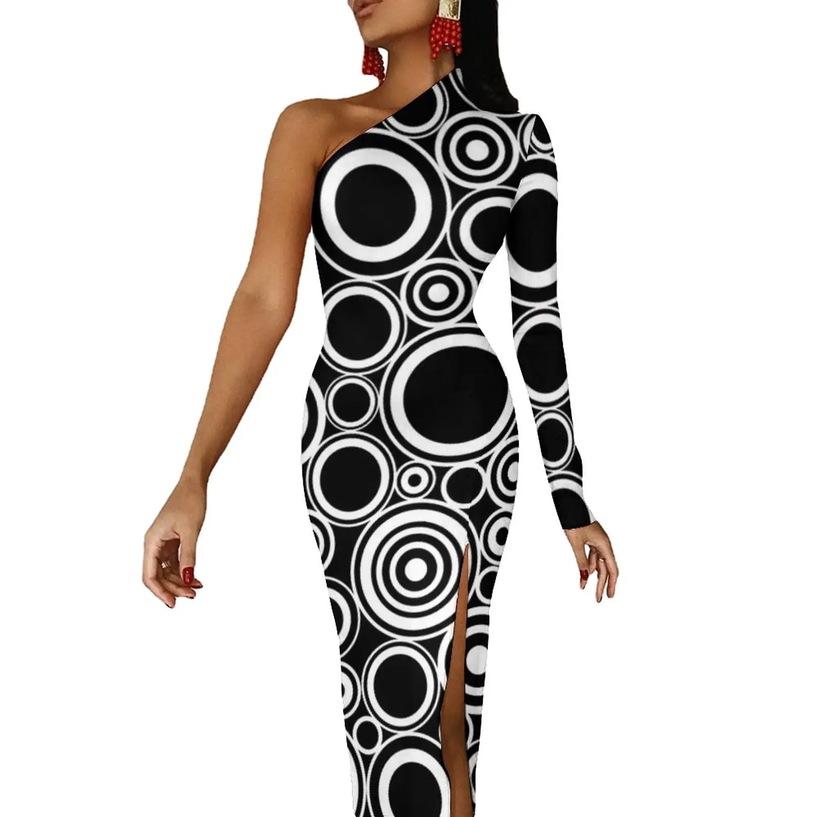 

Черно-белое облегающее платье с разрезом по бокам, женское платье-макси с геометрическим рисунком в стиле ретро для клуба, летние праздничн...