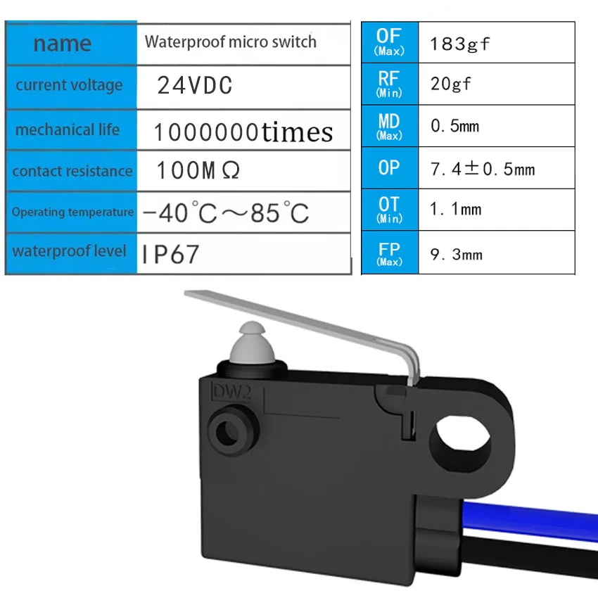 Водонепроницаемый микропереключатель DW2 IP67 длинная кнопка для зарядки 1 шт.