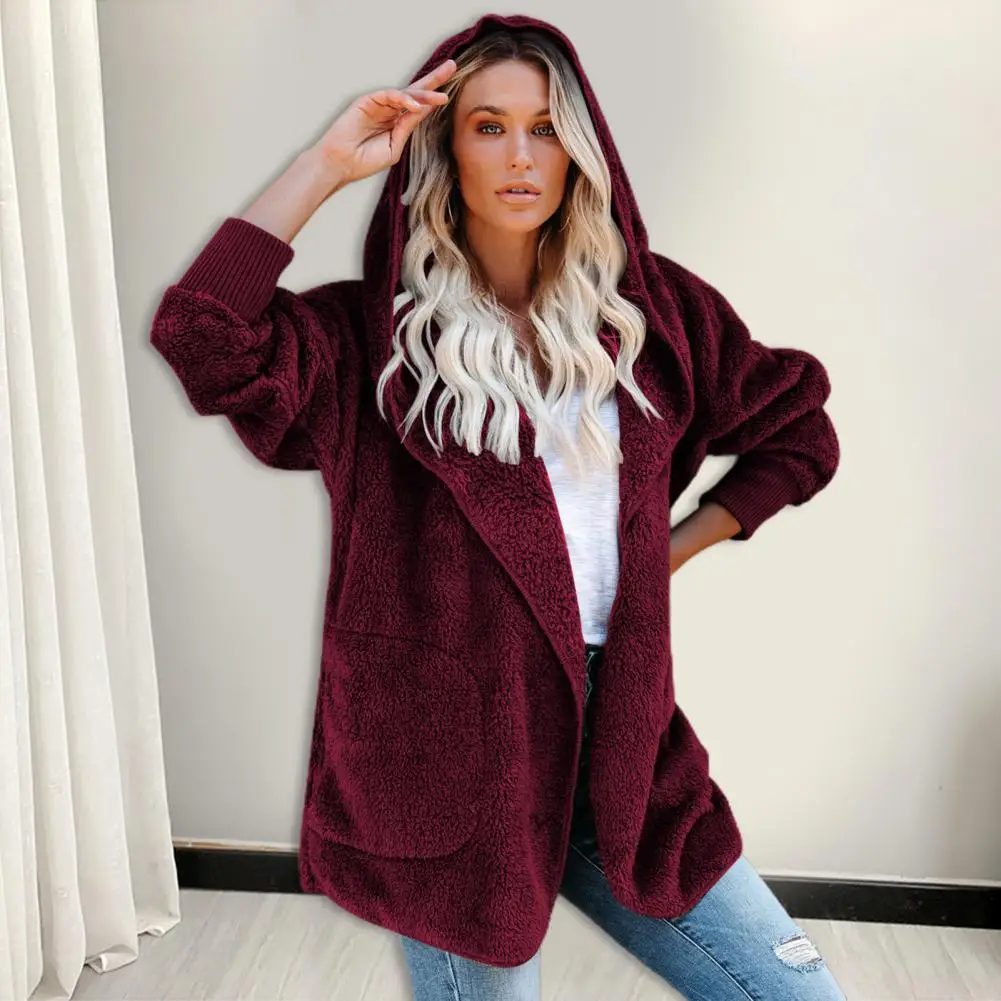 

Женское зимнее пальто на молнии с капюшоном и длинными рукавами, однотонный флисовый кардиган с защитой от холода, плотный свободный Дамски...