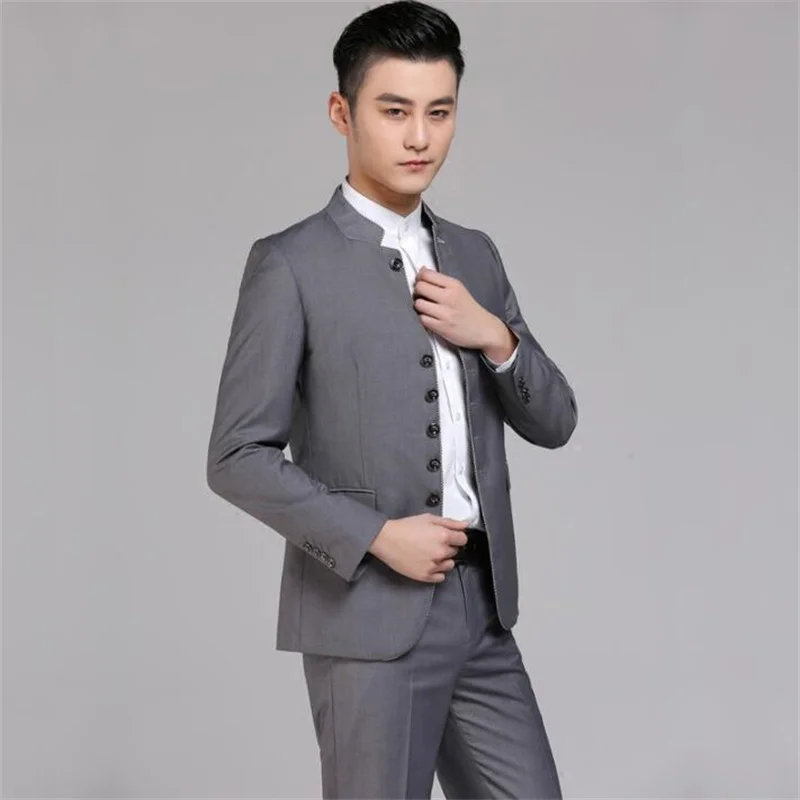 

Black grey men Chinese tunic suit set with pants mens casual tang suits stand collar fashion slim formal dress men's groom suit