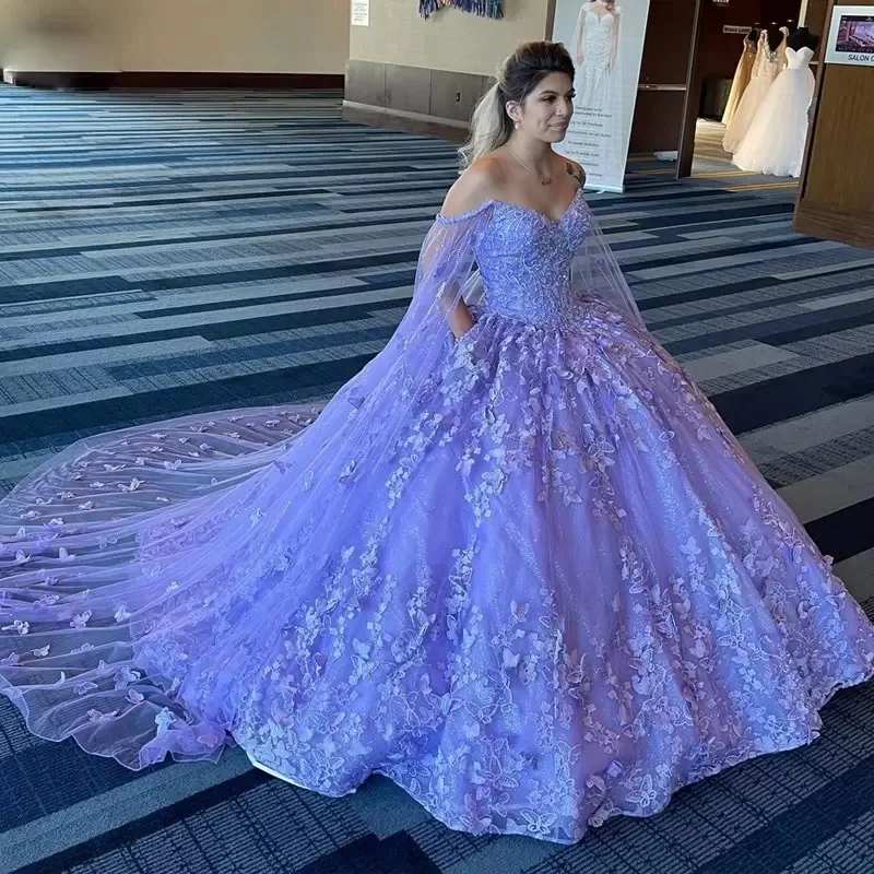 

ANGELSBRIDEP Роскошные бабочки лаванды Quinceanera платья с накидкой 15 лет официальный День Рождения Вечеринка бальное платье