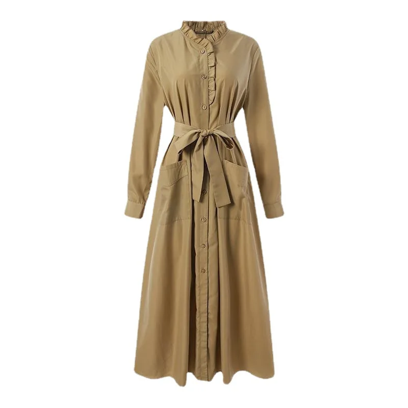 Muslim Arab Elegant Ruffles Collar Long-sleeved High Waist Fashion Maxi Dress Middle East Pocket Buttons Casual Long Dresses