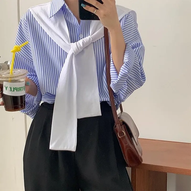 Shirts Women Tender with Shawl Blue Casual Striped Baggy College Aesthetic Mujer 2022 New Trendy Popular Girl Top Long Sleeve images - 6