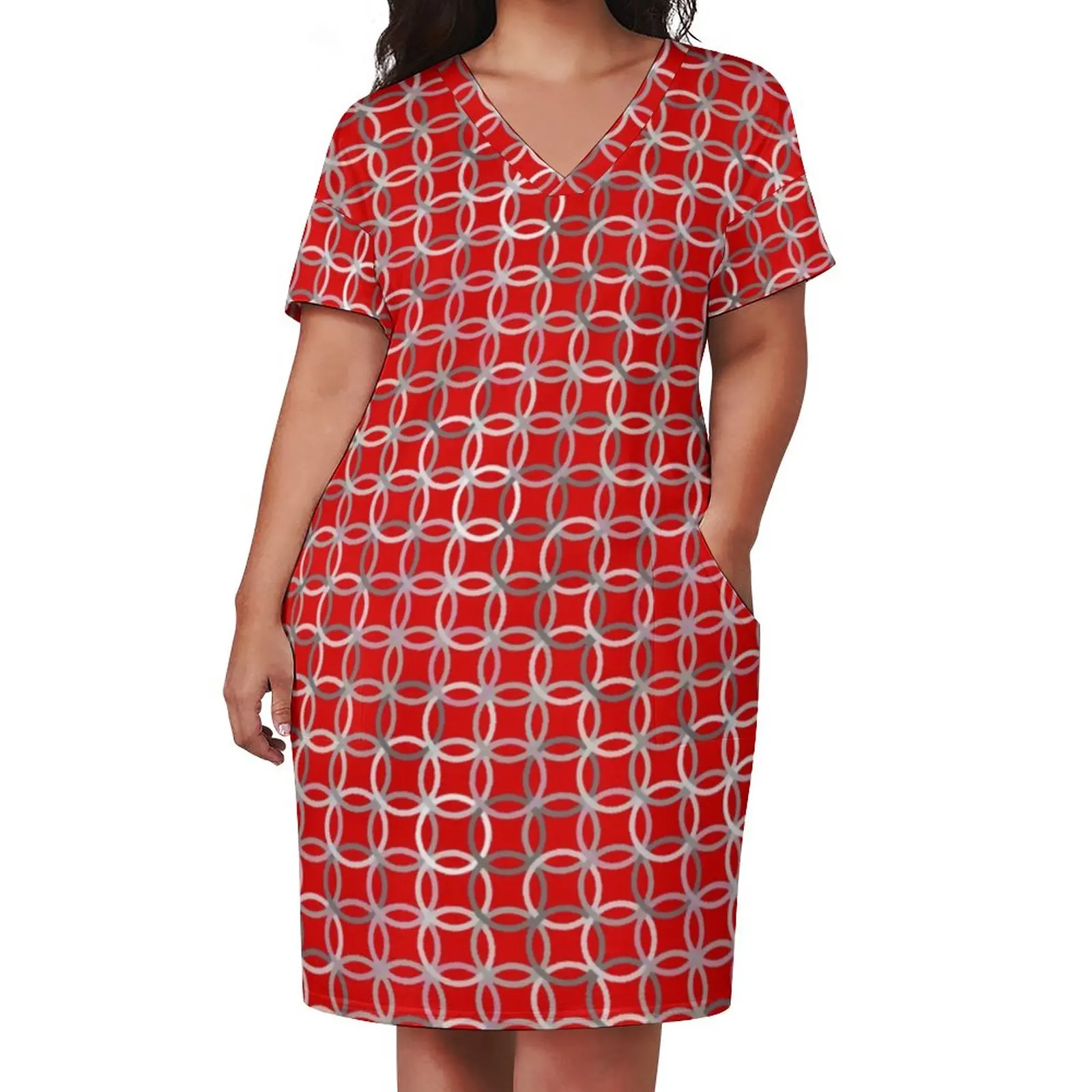 Red Modern Circles Casual Dress Summer Mid-Century Kawaii Dresses Female Short Sleeve Printed Street Wear Dress Plus Size 5XL