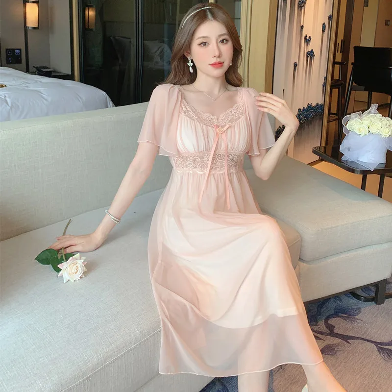 

Pink Women Nightdress Sexy Tube Tops Pajamas Goddess Mesh Spring Summer Chest Pad Court Home Clothes Nighty for Ladies Night