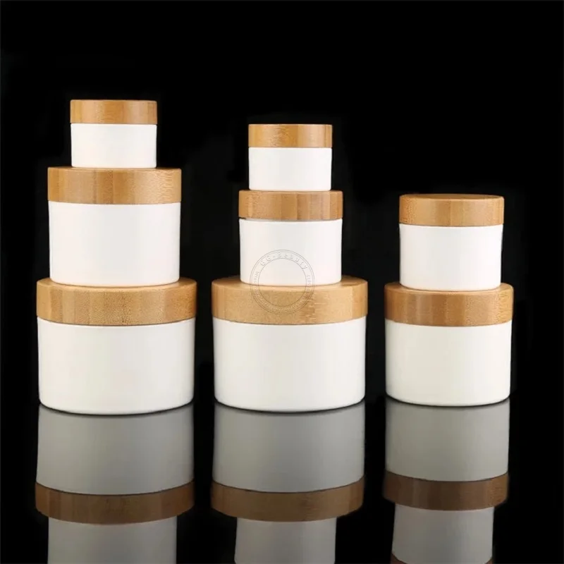

100Pcs/Lot 50g White Plastic Bottle Cream Mask Jars with Natural Bamboo Lid Lip Balm Sample Travel Cans