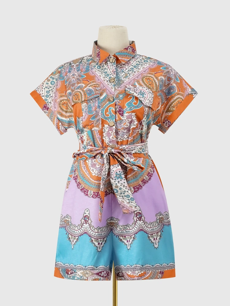 Jumpsuit Women 2023 Summer New Ethnic Style Printed Fashion Short Sleeve Elegant One Piece Shorts Womens Clothing Streetwear