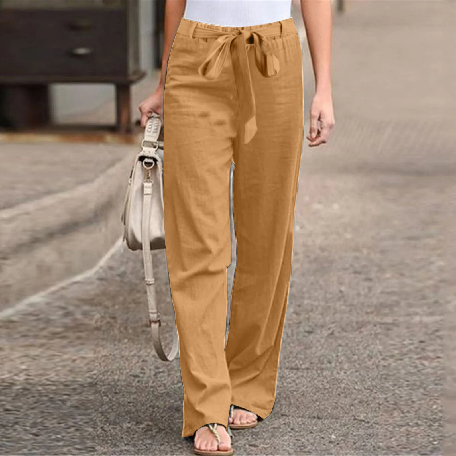 

Cotton Linen Long Trousers Loose Straight Leg Pants Appears Thin Pantalettes Temperamental Women Pants Vacation Pantalon 2023