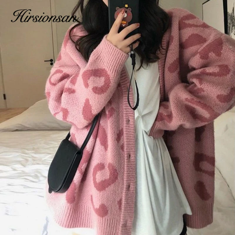 

Hirsionsan Winter Printed Single Breasted Knitted Sweaters Women Casual Lazy Long Sleeve Sweater Female Vintage Streetwear Tops