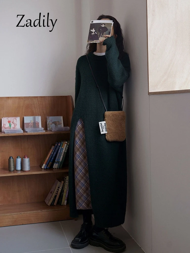 Женский Длинный свитер с длинным рукавом круглым вырезом и разрезом