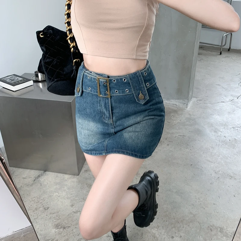 

Summer Women's Denim Skirt Fashion Casual New Empire Solid Color Buttons Pocket Famale Clothing