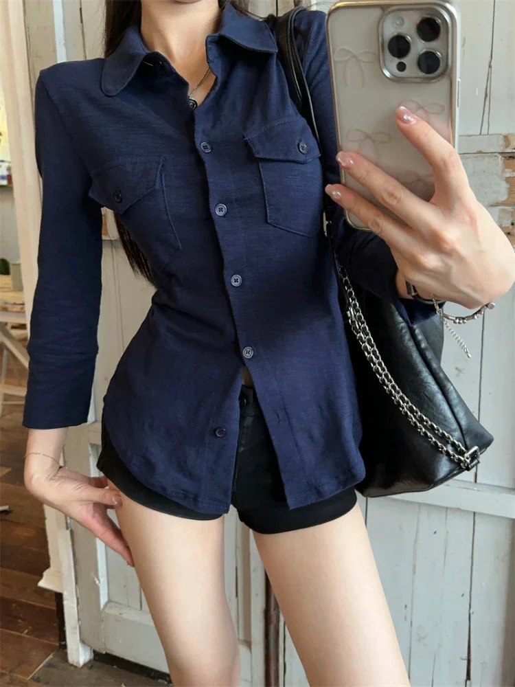 Винтажная темно-синяя рубашка три четверти для женщин топы на пуговицах тонкая