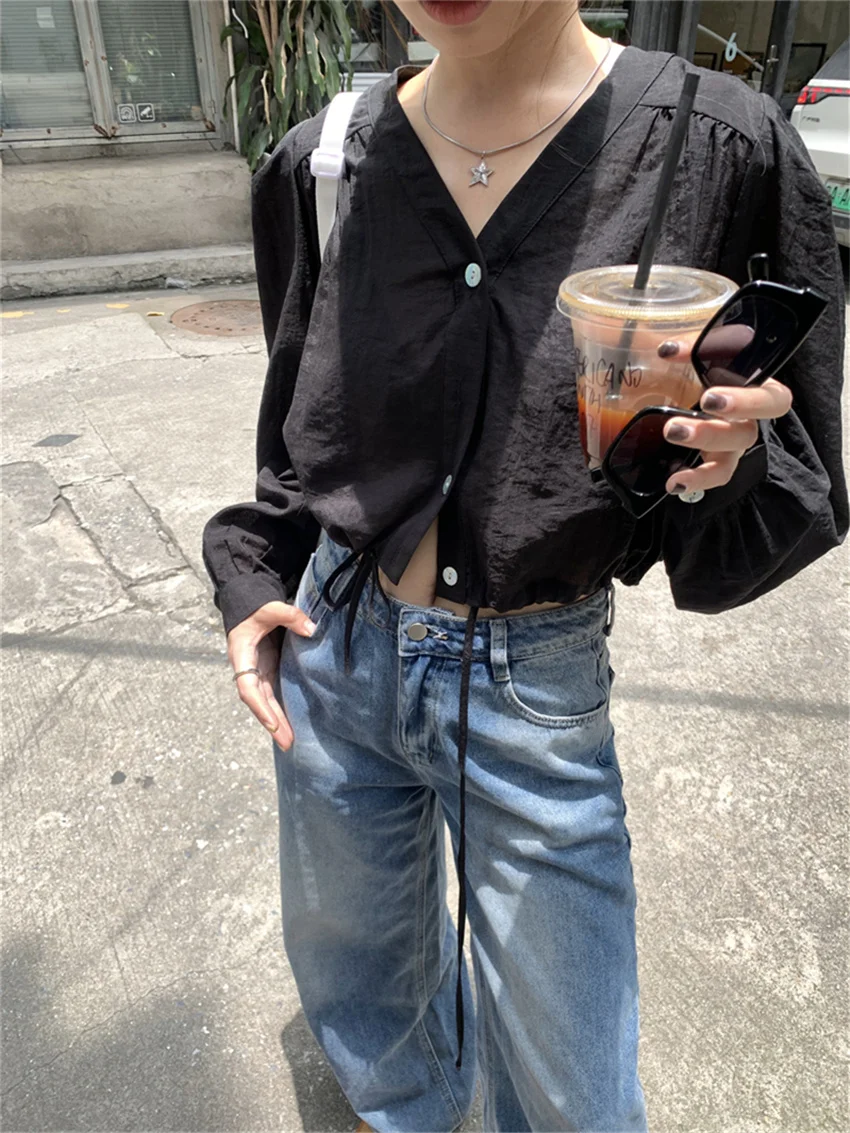 Женская Однотонная рубашка с V-образным вырезом на осень