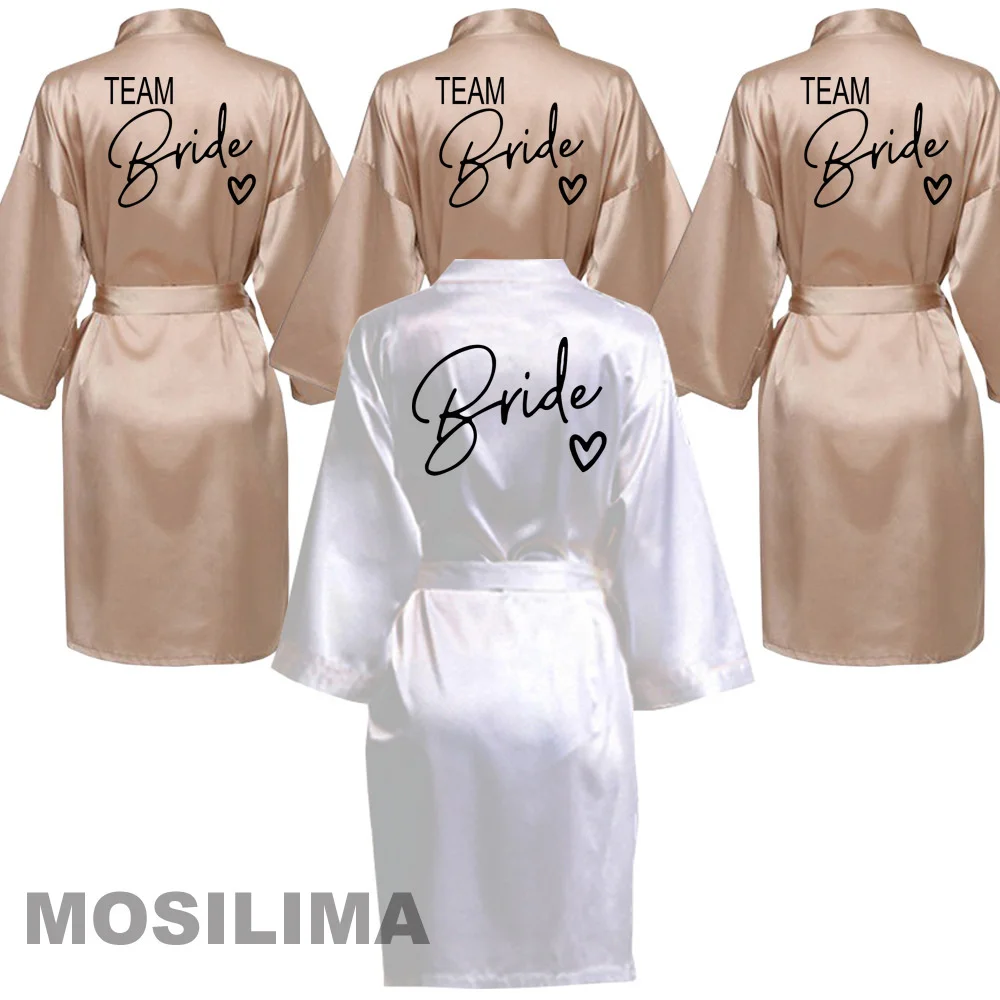 Wedding Party Team Bride Robe With Black Letters Kimono Satin Pajamas Bridesmaid Bathrobe SP003
