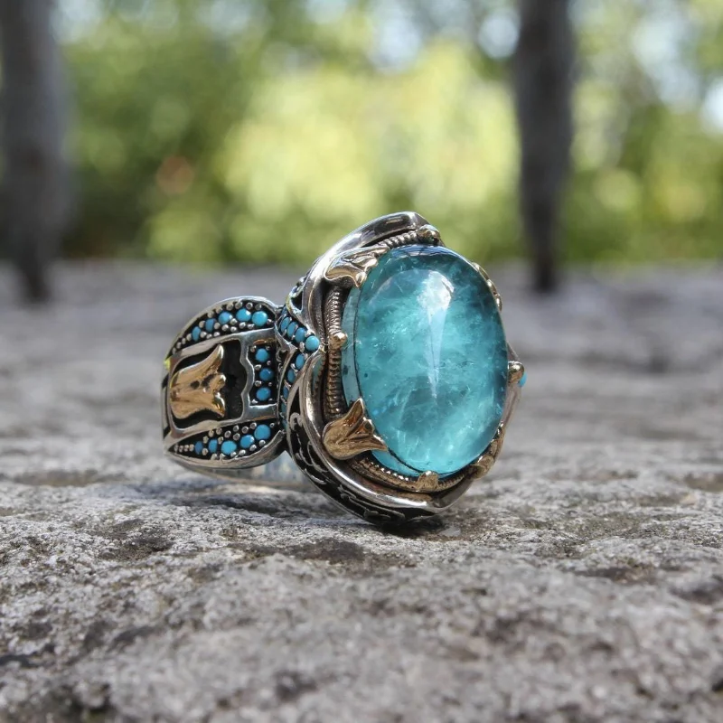 

Retro Royal Style Blue Oval Gem Ring for Women Carved Patterns Collection Ring Anniversary Gift Jewelry Anillo femenino