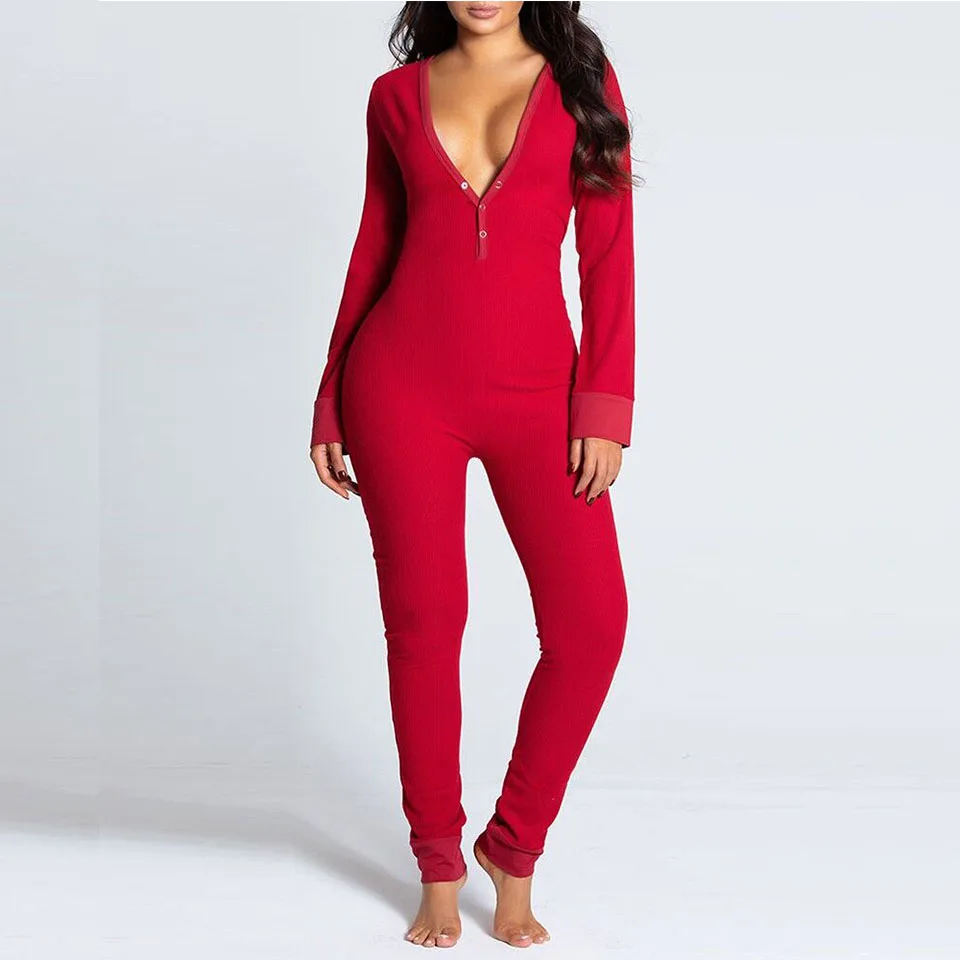 Wholesale Sexy Women Onesie Bodysuit Long Sleeve Deep V Neck Stretch Crop Top Button Romper Pajamas Onesies Jumpsuit Sleepwear