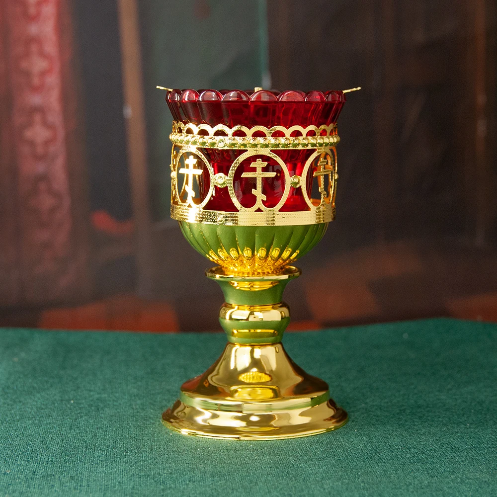 

Orthodox Cross Vigil Lamp Gold Plated Church Home Table Candle Stick Glass Cup Religion Decor Лампада настольная со стаканчиком