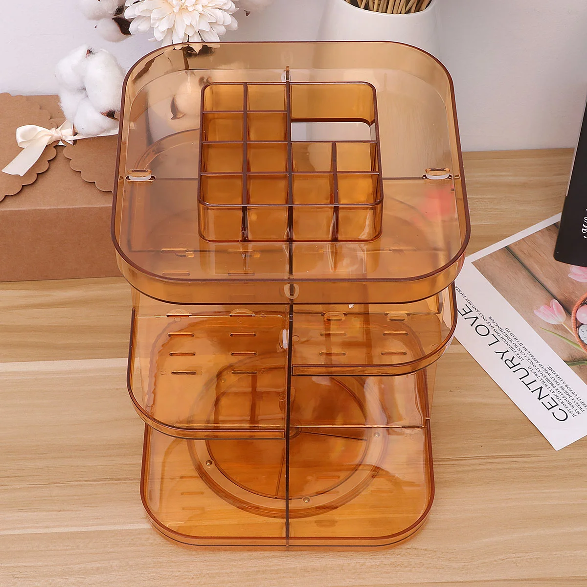 

Вращающаяся стойка-органайзер, квадратная полка, держатель для косметических ювелирных изделий, вместительная коробка для хранения, цвет ч...