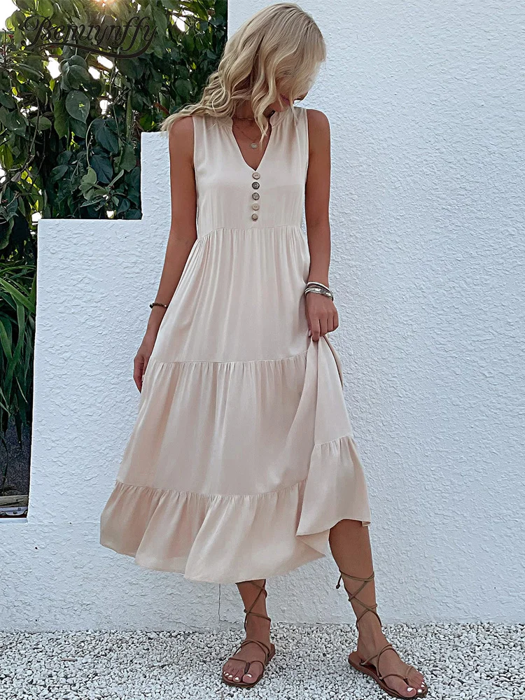 

Benuynffy Solid Button Front Notched Neck Sleeveless Smock Dress Women 2022 Summer Loose Ruffle Hem Woman Casual Long Dresses
