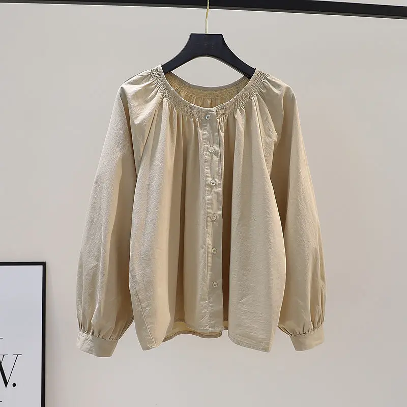 

Spring Simple Blouse Cotton Elegant Solid Round Neck Autumn Pleated Lantern Sleeve Ladies Top Apricot Blouses Blusas Mujer