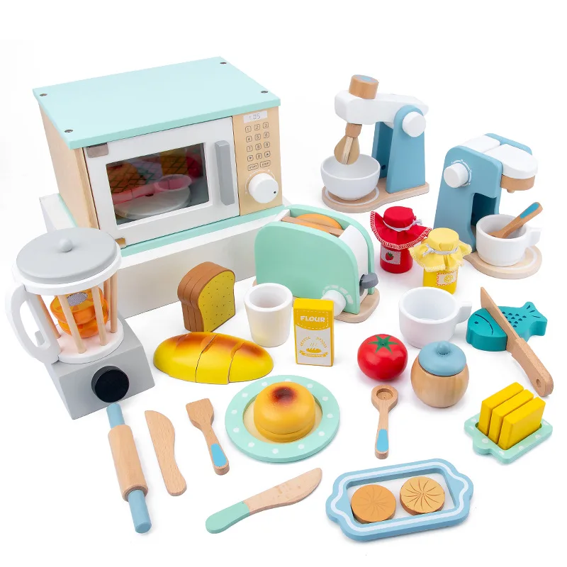 

Wooden Pretend Play Sets Simulation Toasters Bread Maker Coffee Machine Blender Baking Kit Game Mixer Kitchen Role Children Toys