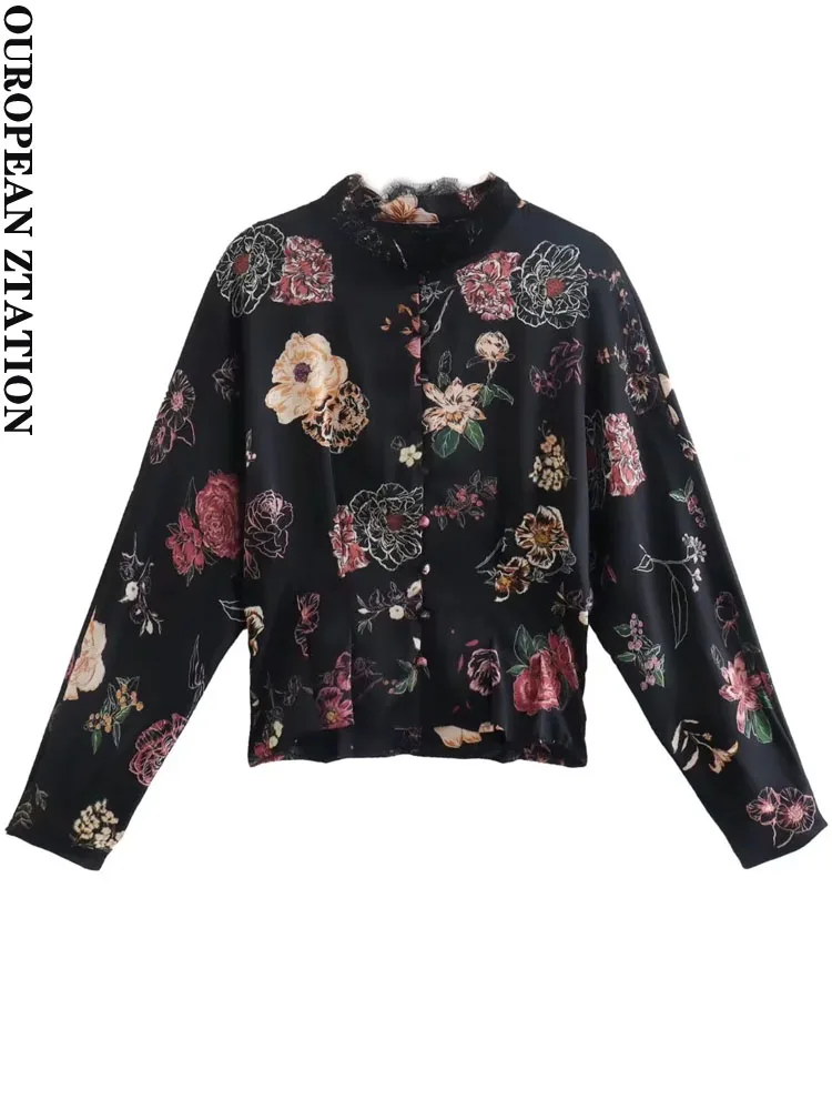

Женские свободные блузки с цветочным принтом za 2022, винтажные женские рубашки с длинными рукавами и кружевной аппликацией, блузки, шикарные ...