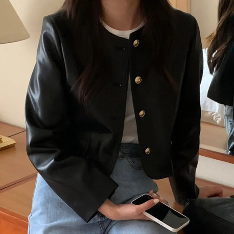 Clothland Women Stylish Black PU Leather Jacket Long Sleeve O Neck Coat Outwear Chic Casual Top Mujer CA527