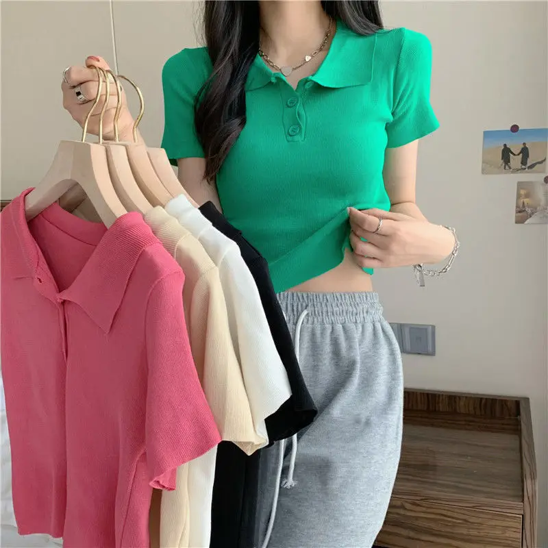 

Streetwear Basic Y2k Tees Camisetas Clothing Ropa De Mujer Solid Cropped Harajuku White Polo T Shirt Women Button Collar Tops