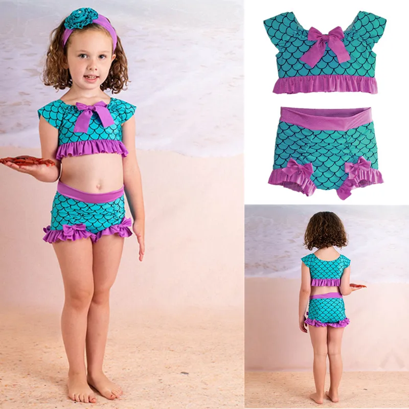

Купальник-Русалка для девочек 12 месяцев, летние комплекты для плавания для маленьких девочек с бантом и оборками, комплект из двух предмето...