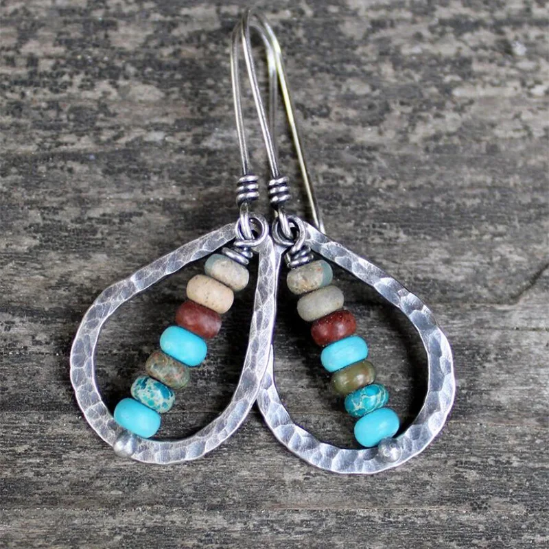 

Ethnic Round Multicolored Beading Stone Earrings Vintage Handwork Silver Color Metal Die Casting Pattern Dangle Earrings
