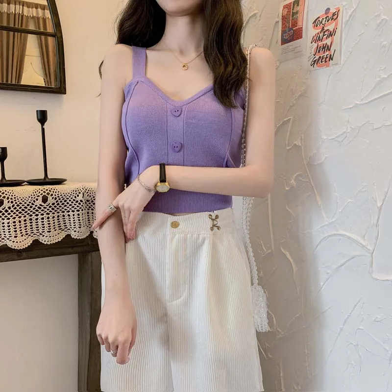 Boring Honey Single-Breasted Button V-Neck Chic Short Top Women Spring And Summer Sling Vest Knitting Fashion Clothes |
