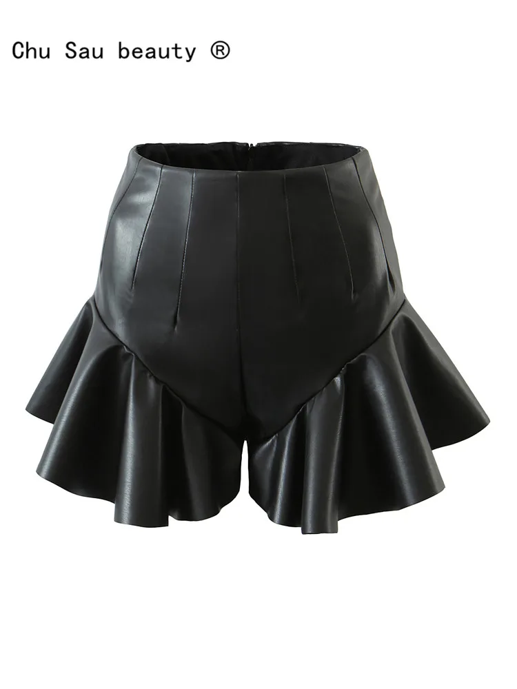 

Woman High Waist Black PU Skirt 2022 New Sexy Nightclub Slim Bag Hip Ruffled Pleated Short Mini Skirt Female