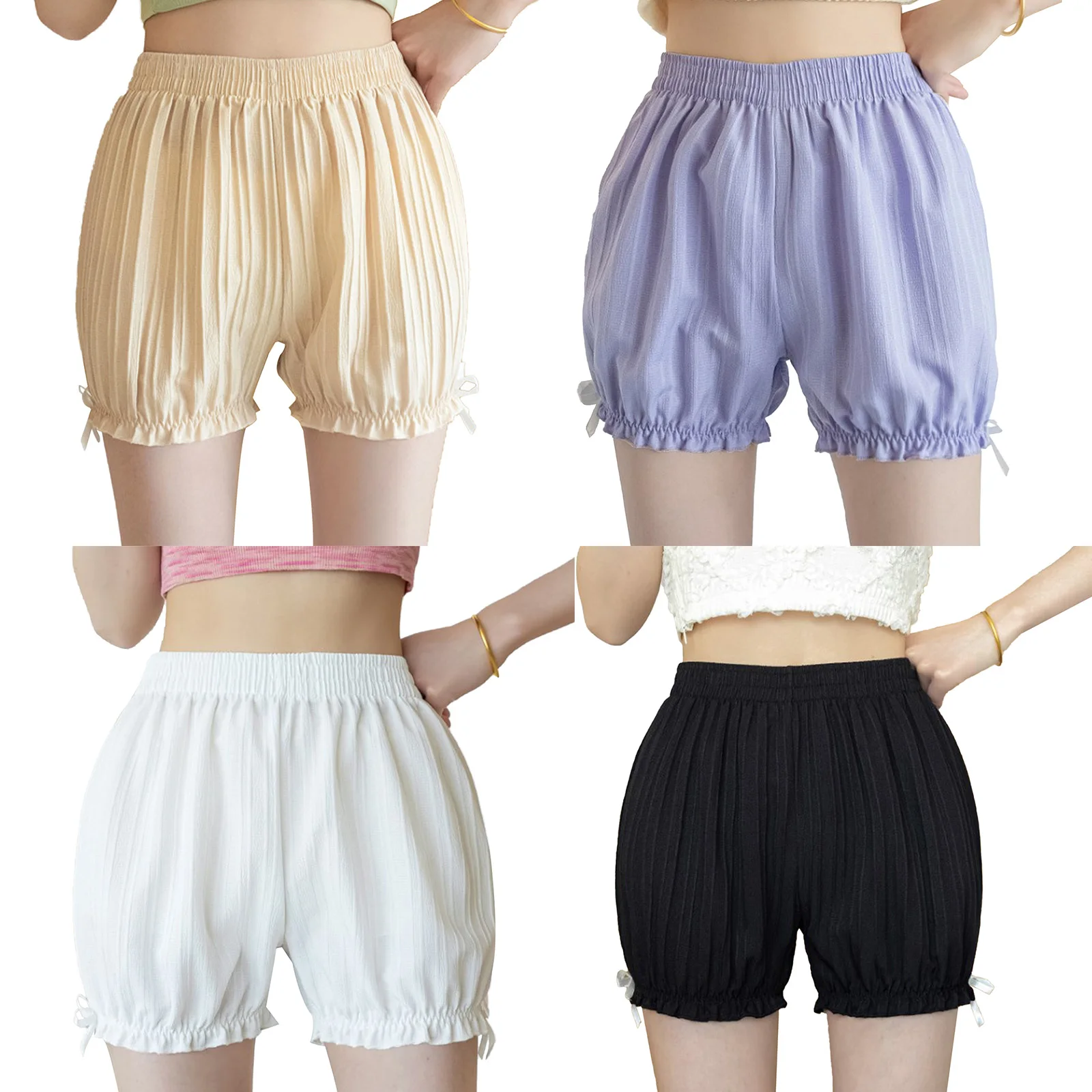 Womens Bowknot Striped Frilly Bloomers Shorts Homewear Loungewear Solid Color Elastic Waistband Panties Pettipants Underwear