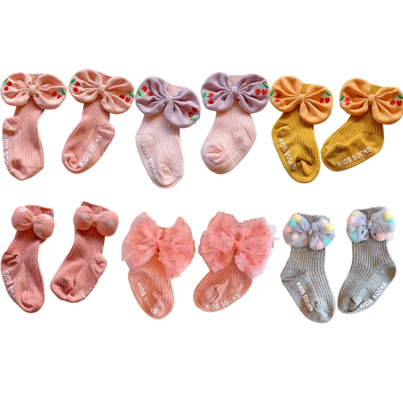 

Autumn Winter Baby Girls Kawaii Socks Thick Warm 100% Cotton Bow Anti-slip Stockings for Infant Children Kids Cute Toddler Socks