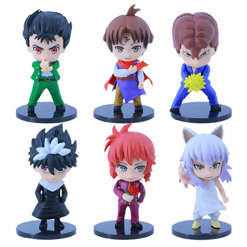 Фото Набор из 6 фигурок BANDAI: Аниме-персонажи YuYu Hakusho (ЮЮ Хакушо) — Юсуке Урамэши, Курама, Просвисты, Пламенные тени. Милые Q-версии из ПВХ. Подарок для детей. №2