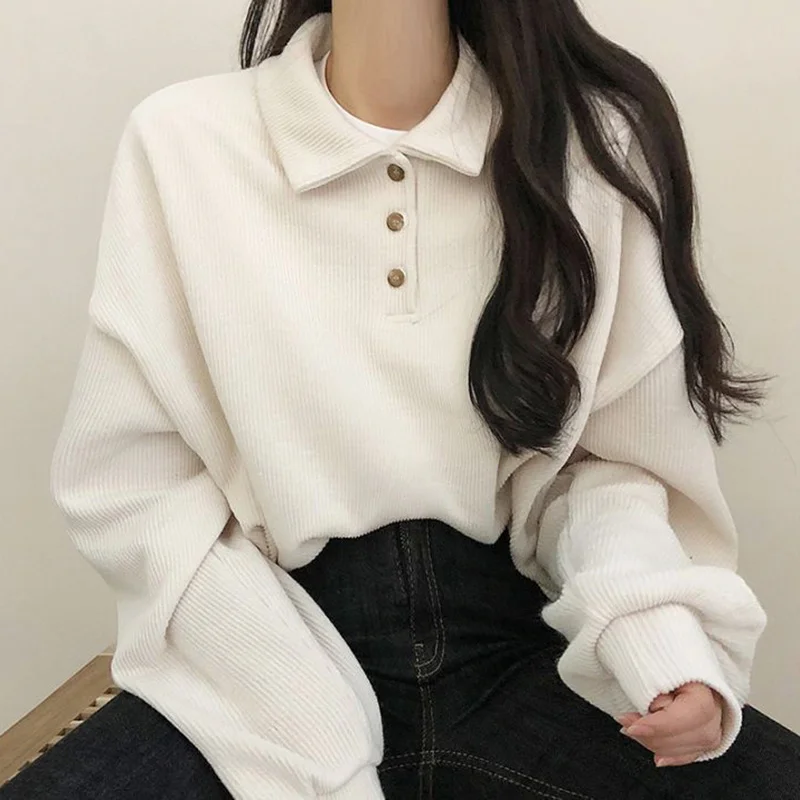 

Women Polo Pullover Korean College Style Color Simple Loose Polo Collar Long Sleeve Knitted Sweater