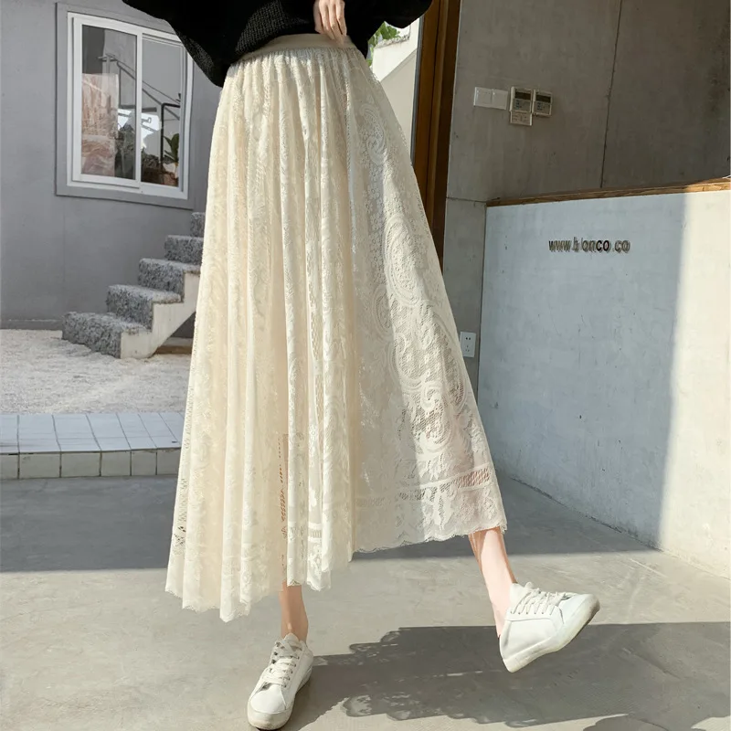 

Elegant Lace Skirt Feminine Temperament Fashionable Large Swing Mesh Skirt Hollow And Elegant Medium And Long Skirt