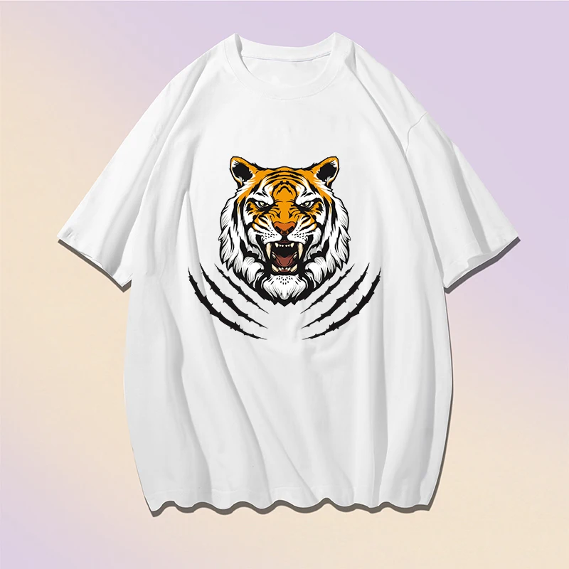 

Футболка мужская свободного покроя с принтом головы тигра и когтей, модный тренд унисекс с короткими рукавами, белый Повседневный хлопковый топ