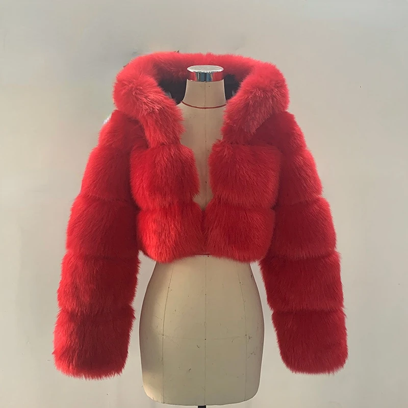 Short Hooded Fur Coat Women's Autumn Winter New Imitation Fox Fur Splicing Long Sleeved Faux Fur Coat Chamarras Para Mujer