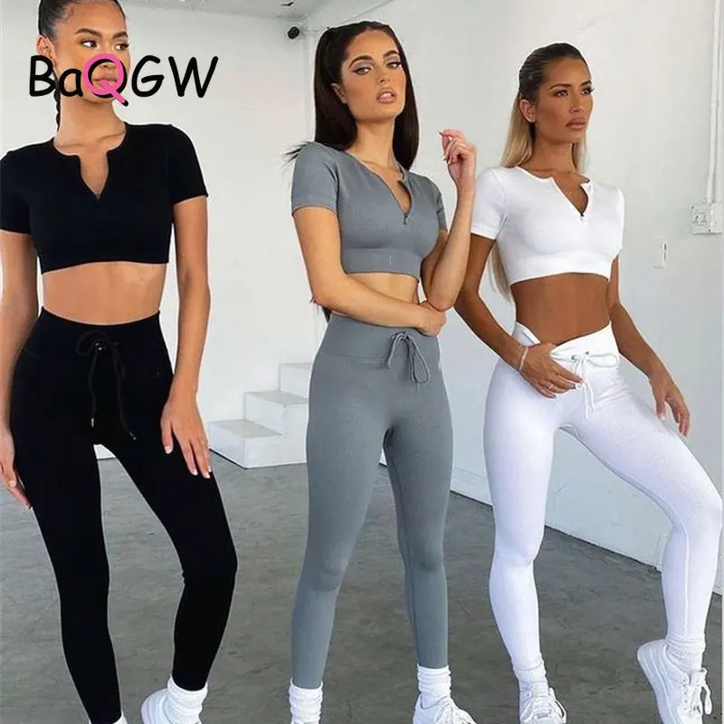 

Спортивный комплект BaQGW в рубчик для фитнеса, женская одежда для спортзала, спортивный бюстгальтер, короткий топ с коротким рукавом, леггинс...