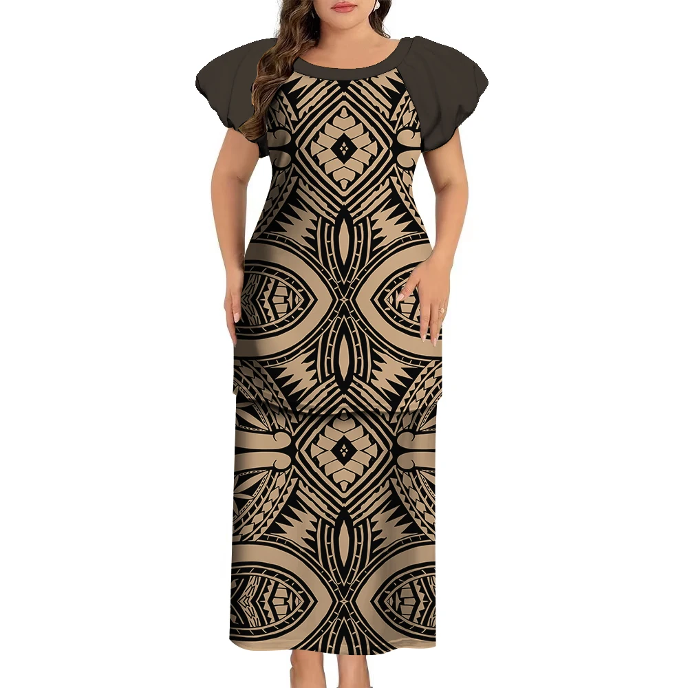 Женское длинное платье с рукавами-фонариками и круглым вырезом