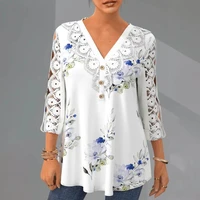 womens blouse top printed lace v neck loose three quarter sleeve casual shirt v neck loose casual summer solid color all match